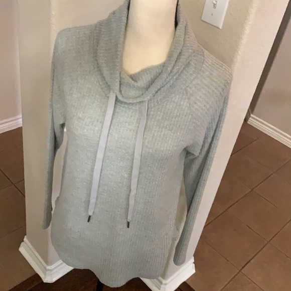 Rags II Riches gray cowl drawstring neckline long sleeved waffle sweater - Picture 12 of 16